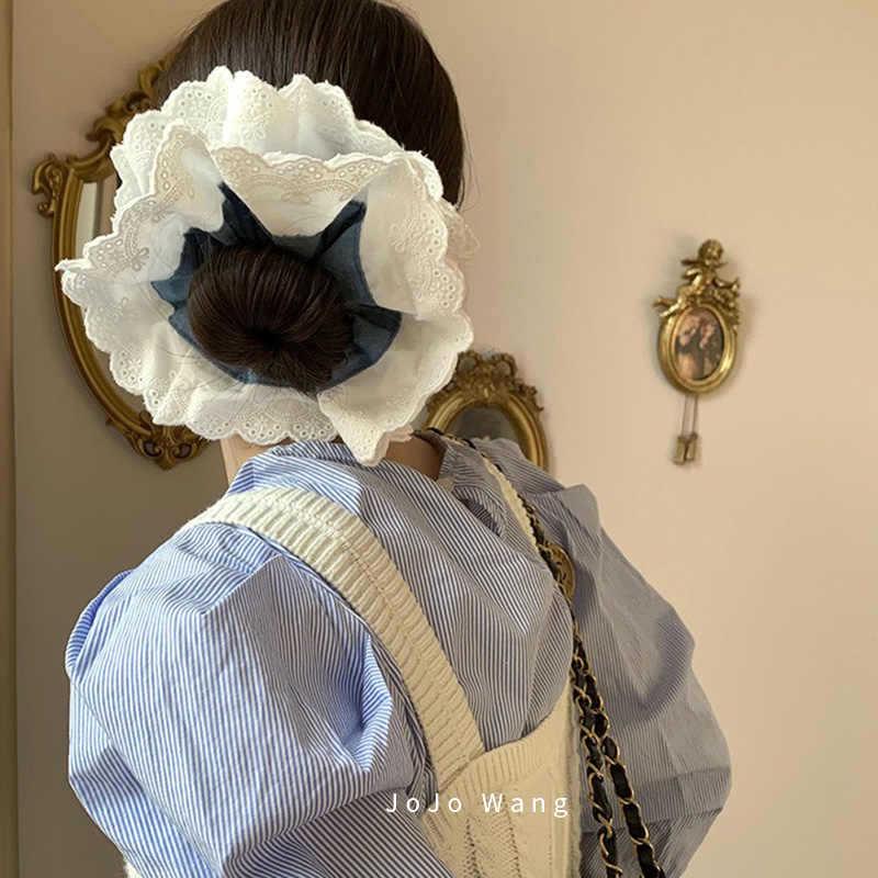 Elegant Korean Blue Striped Lace Trim Scrunchie