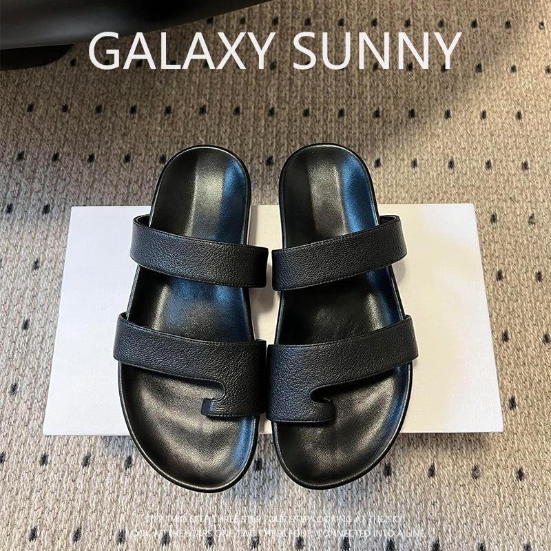 

Sheepskin~ Retro style simple set-toed leather flat-bottomed slippers women s summer versatile outer wear beach one-word cool slippers 35