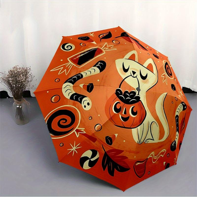 1pc Halloween Cat Automatic Open/Close Umbrella - Compact Travel Umbrella, 8-Rib Heavy-Duty Construction, Ideal Gift, Outdoor Accessory009