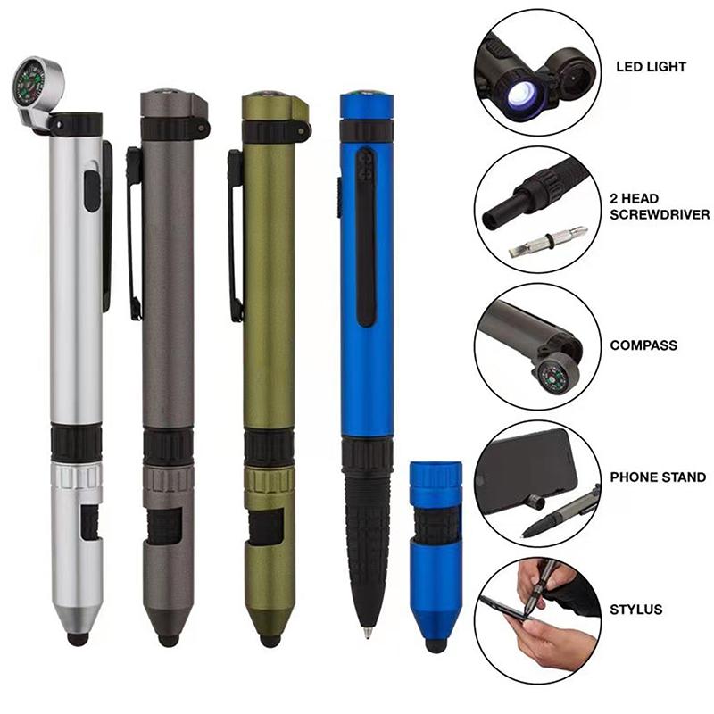 Pix multifuncțional Pix luminos în aer liber Călătorie militară Instrument multifuncțional 6-în-1 Șurubelniță Busolă Suport tactil Pix luminos