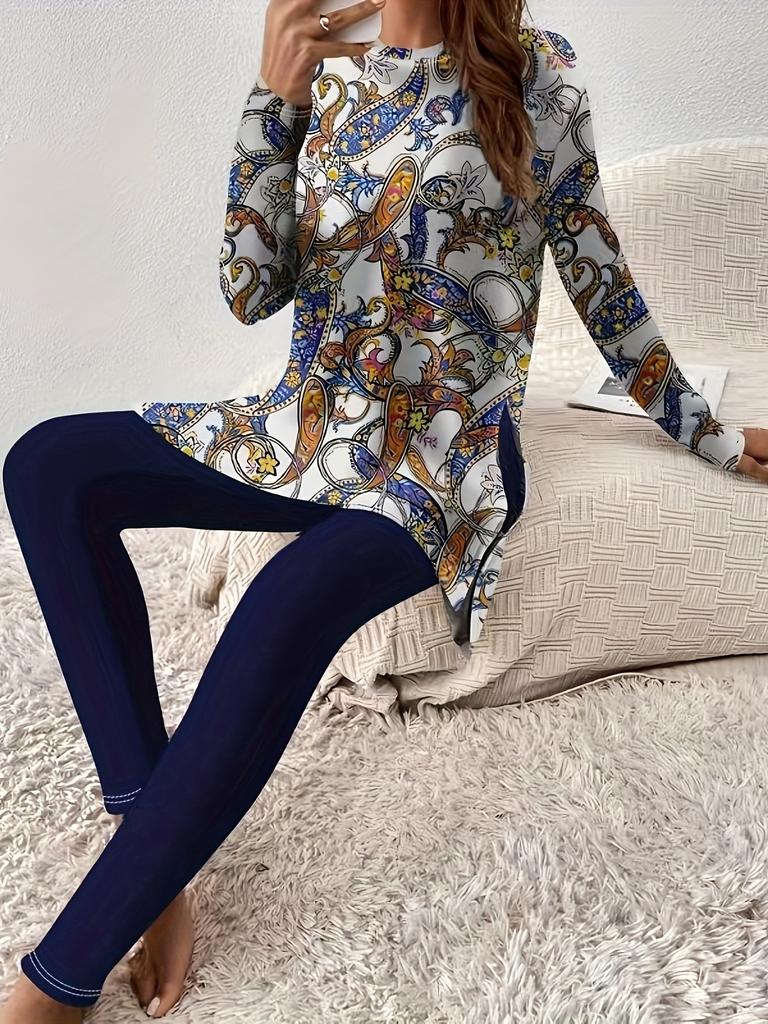 Crew neck long-sleeved set slim-fitting sports retro pattern printed slim-fitting yoga trousers set