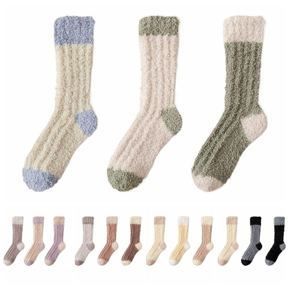 3Pairs Winter Coral Fleece Socks Sleeping Mid Tube Socks Women Kawaii Floor Plush Socks  Winter