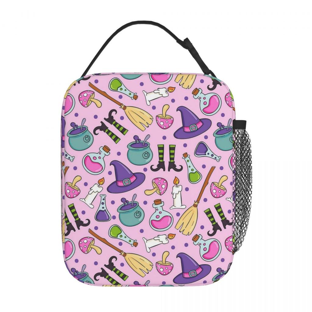 Cute Witches Halloween Element Pattern Insulated Lunch Bag for Women Children Portable Food Boxes Thermal Lunch Box Tote