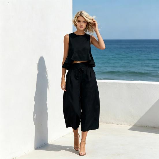 2 Piece Sets for Women Sleeveless Crew Neck Ruffle Tank Top