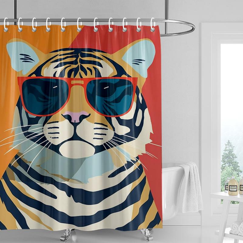 Artistic Tiger Print Shower Curtain Waterproof Bathroom Decorative Animal Theme Partition Curtain with 12 Hooks 240x180cm