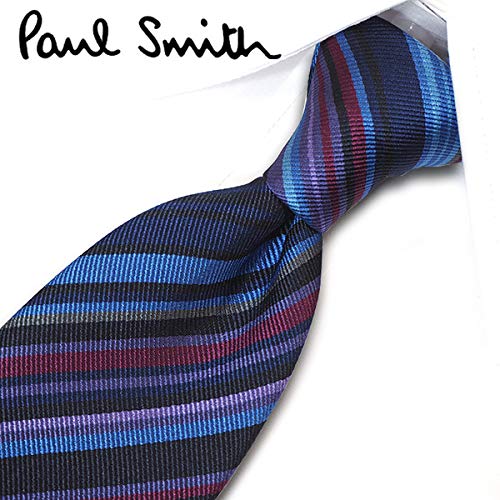 [Brand Necktie Gift Set] Paul Smith Necktie with Ribbon, Paul Smith Case & Shopping Bag (REDROSE Original) PS7 Navy/Lavender Multi-Stripe (Gift, Birth