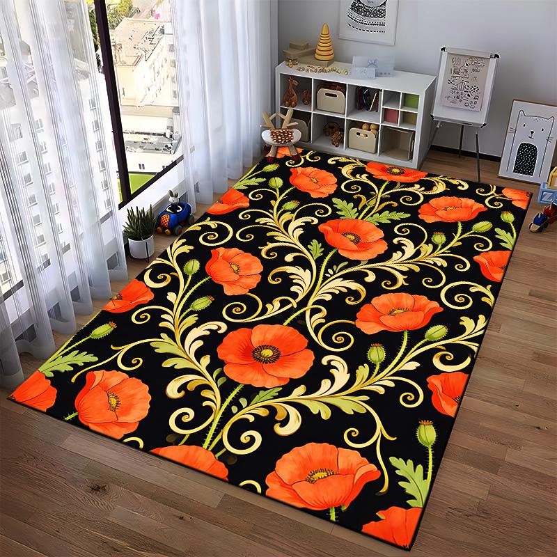 Floral Carpet with Red Poppies, Green Leaves, Black and Gold Design Suitable for use as an anti-slip for living room bedroom sofas