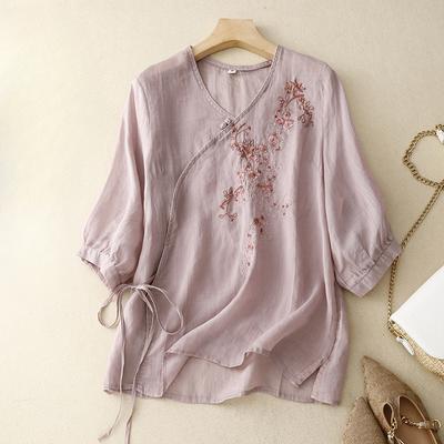 Summer Solid Color Embroidered V-neck Half Sleeve Blouses & Shirts Retro Slant Collar Pullover Shirt Thin Loose Style Top T-Shirts Women’s
