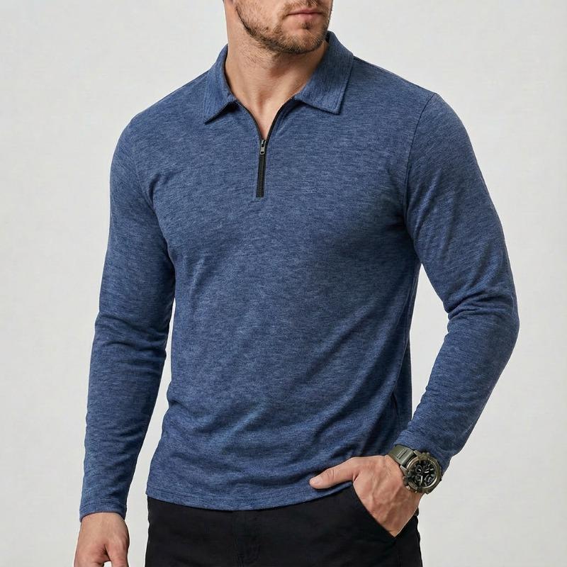 Men Turn Down Collar Half Zip Long Sleeve Polo Shirt Slim Fit Solid Casual Business Tops