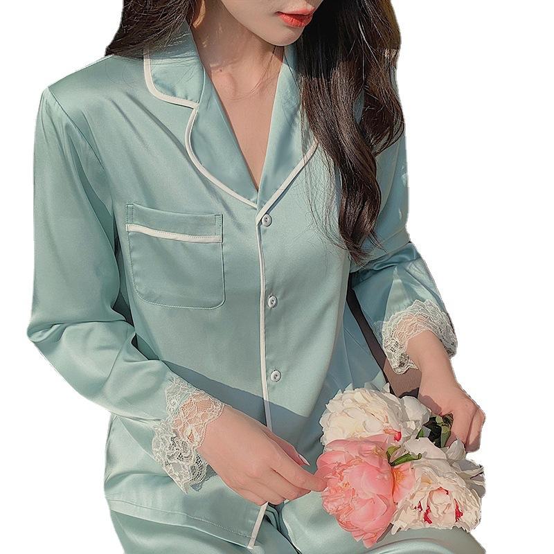 New Pajamas Women'S Spring And Summer Long-Sleeved Cardigan Lace Solid Color High-End Comfortable Loungewear Set Spot