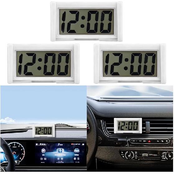 3PCS Mini Car Dashboard Digital Clocks, Small Self-Adhesive Bracket Vehicle Air Vent Electronic Watch with Clear LCD Screen Time & Day Display,