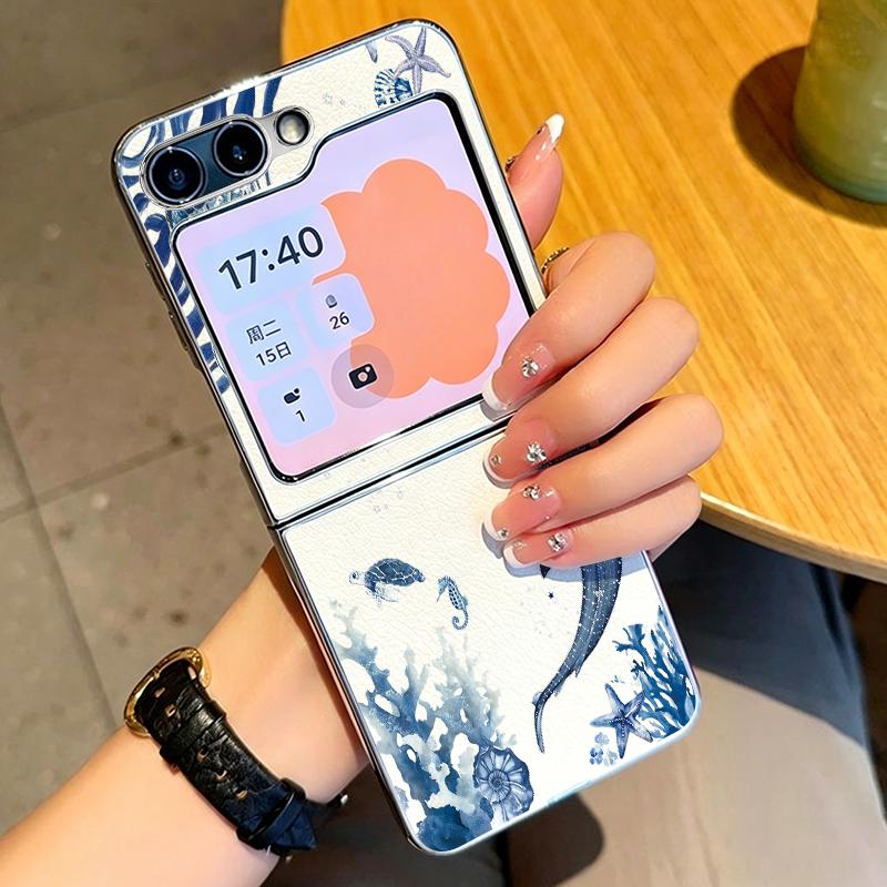 Summer Ocean Themed Phone Case For Samsung Galaxy Z FlIP 7 FE 6 5 Z Flip7 Flip6 Flip5 Luxury Plating PC+PU Leather Hybrid Folding Phone Cover