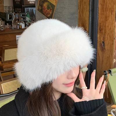 Women Winter Hat Faux Fur Thick Warm Heat Retention Dome Solid Color Fisherman Hat Outdoor Skiing Cycling Headwear