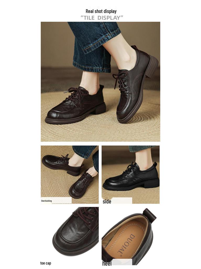 Top Grain Cowhide Women's Round Toe Lace-up Loafers - Autumn 2025 Luxury Hand-Grained Leather Shoes