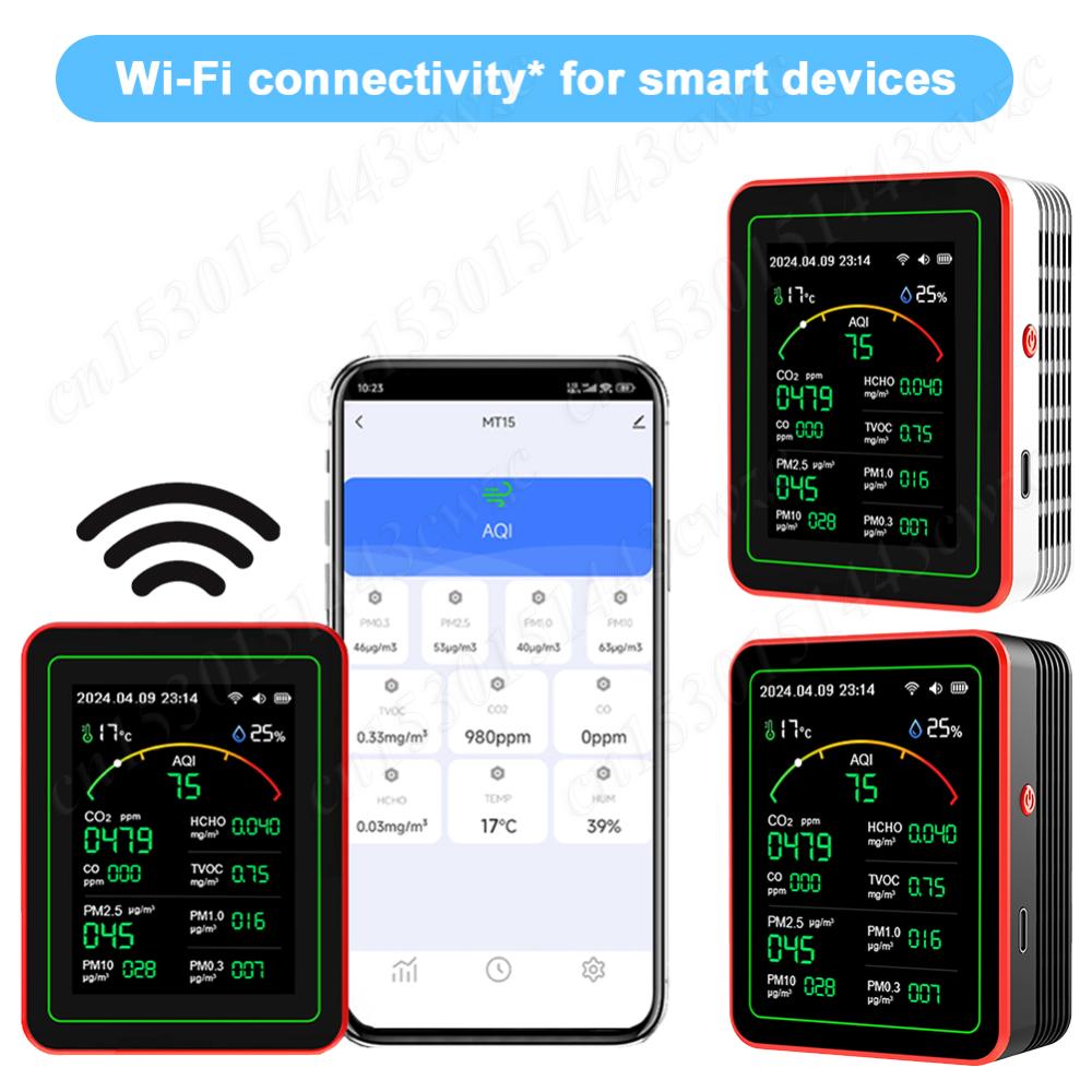 

Tuya WiFi 15-in-1 Air Quality Detector Portable AQI PM0.3 PM1.0 PM2.5 PM10 Tester TFT Display Household CO CO2 TVOC HCHO Tester чёрный