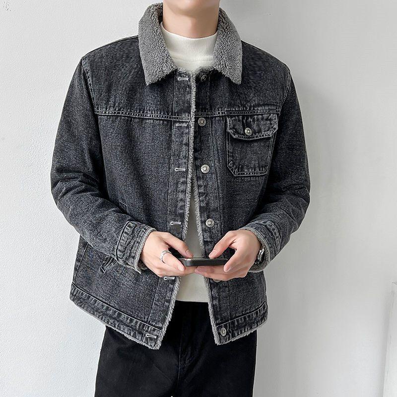 Jeansjacke Herren Sherpa Herbst und Winter Plus Samt Verdickt Warme Baumwolljacke Locker und Schön Koreanischer Stil Trendige Partnerjacke