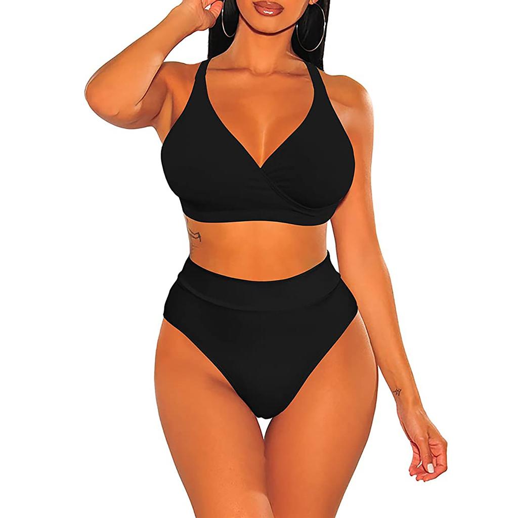 Women Two Piece Bikini Swimsuit High Waist Bottoms Adjustable Tie Straps V Neck Top Beachwear Swimwear Set