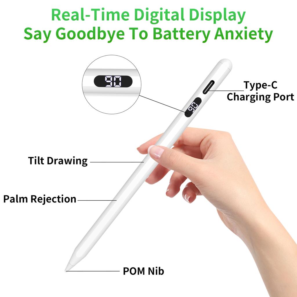 Stylus Pen for iPad 2025-2018 with LED Power Display Fast Charge,Palm Rejection Pencil for iPad
