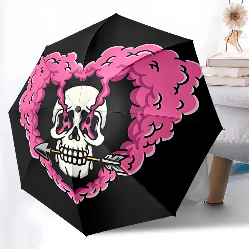 1pc Heart Skull Fashionable Automatic Opening/Closing Folding Umbrella with 8 Bones, Windproof Portable, Daily Use098