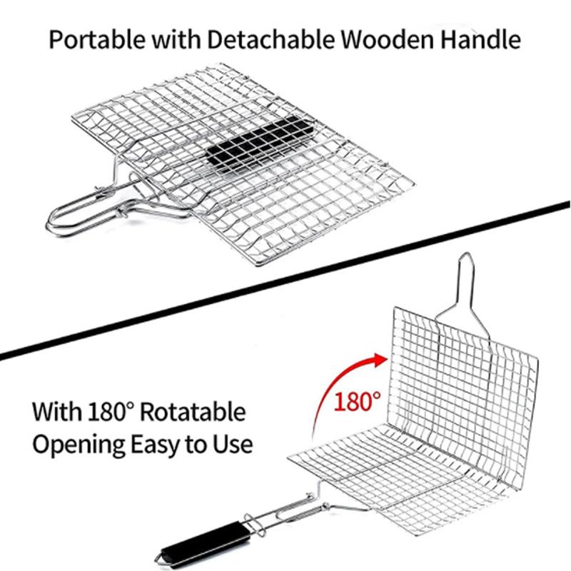 Grilling Basket Folding Portable Outdoor Camping Stainless Steel BBQ Rack with Removable Handle Barbecue Griller Cooking Tool