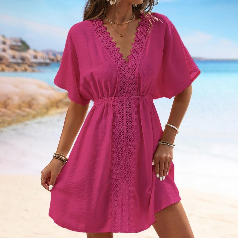 Copricostume da Spiaggia da Donna in Pizzo Spliced Seta Ghiacciata, Manica Corta
