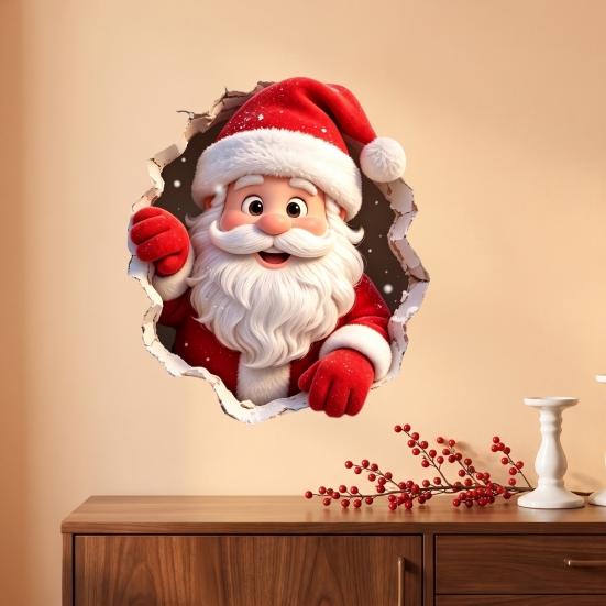 Holiday Home Decor Wall Art 3D Christmas Santa Claus Stickers, Self Adhesive PVC Decals with Realistic Breaking Festive for Effect, Peel And