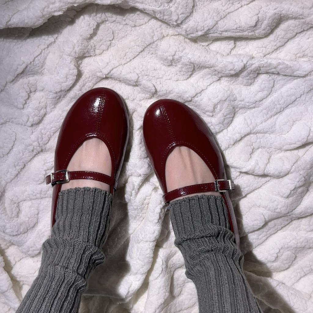 Leather version za retro round head small red shoes women's flat ballet shoes versatile light mouth Mary Jane shoes women's single shoes