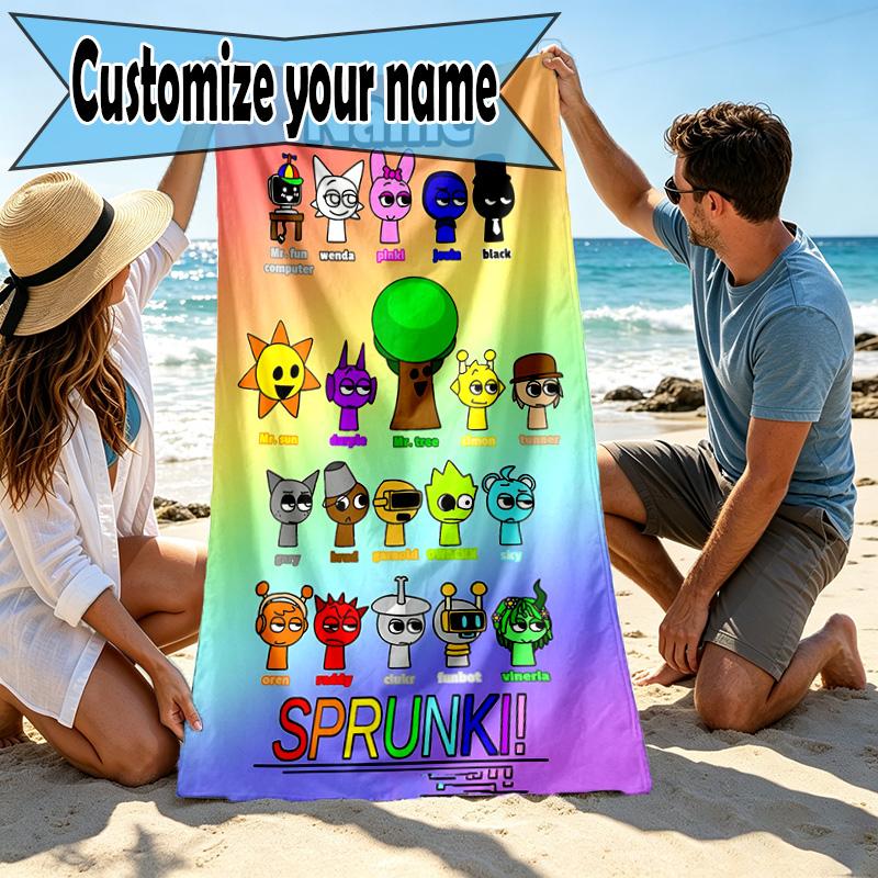 Custom Name Personalized Sprunki Game Print Beach Towel, for Trip Camping Beach Party Home Decor, Birthday Gift for Family & Friends