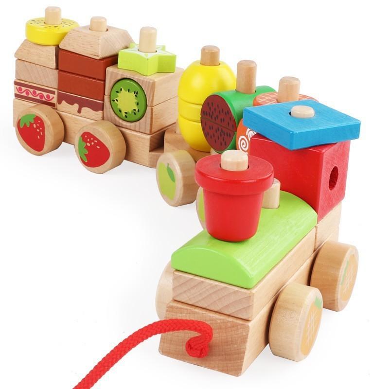 Baby Wooden Drag Digital Drag Small Train Building Block Shape Cognition Cartoon Animal Car Pairing Educational Toy