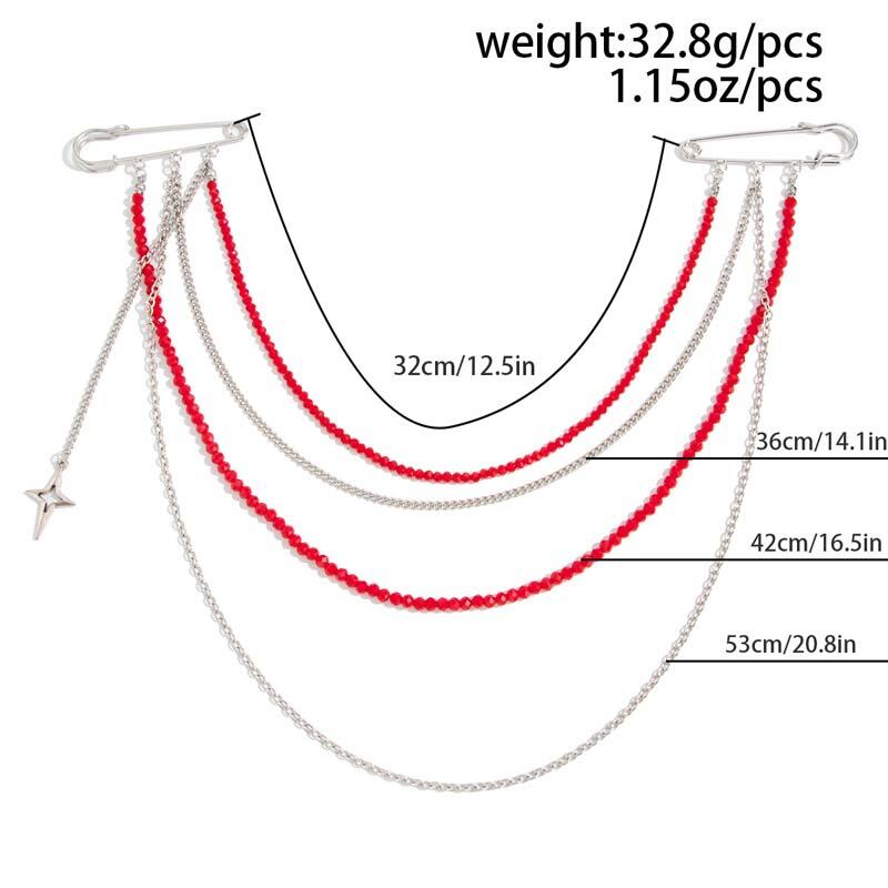 Fashion Red Rice Bead Tassel Brooches for Women Punk Multi-Layer Chain Star Pendant Brooches Suit Clothes Jewelry Accessories