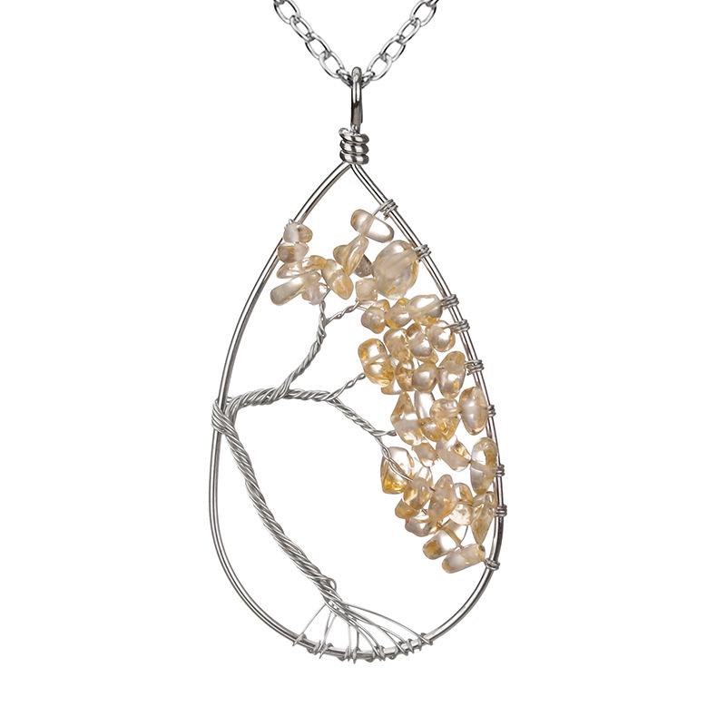 Handmade Silver Wrapped Copper Wire Crushed Stone Tree of Life Necklace, Water Drop Natural Stone Design, Bent Tree of Life Necklace N28.