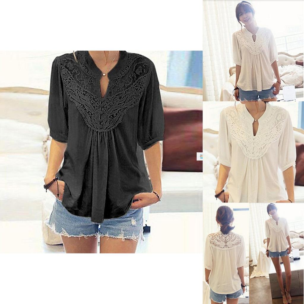 Ladies Hollow Blouse T Shirts Tops Lace Tunic Top Shirt Freesize Chiffon
