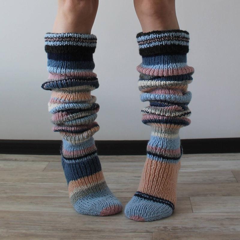 Women Vintage Colorful Striped Knitted Thigh High Tube Stockings Preppy Style Slouchy Over Knee Boot Socks Leg Warmers