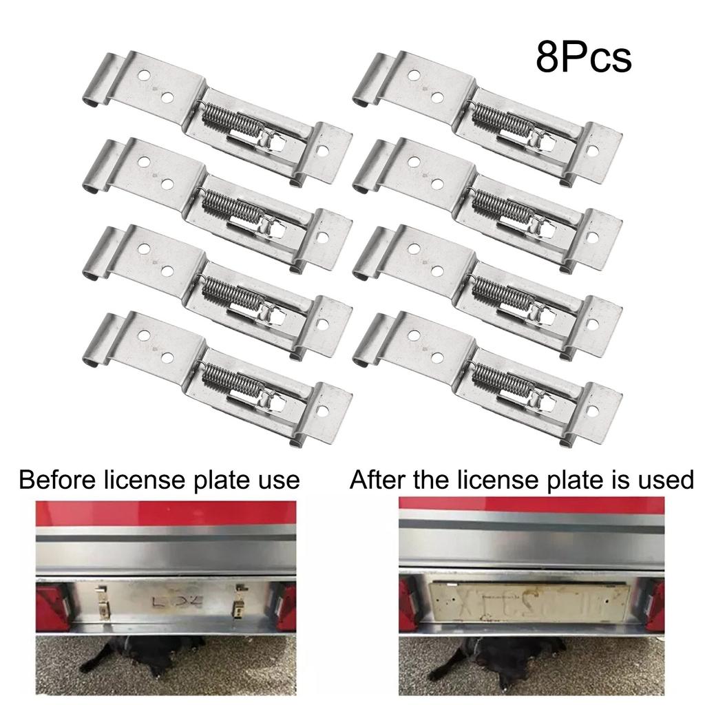 Spring Loaded Stainless Steel License Plate Frame Holder Clamp 8Pcs Set for Vehicles Including Cars Trucks and Trailers