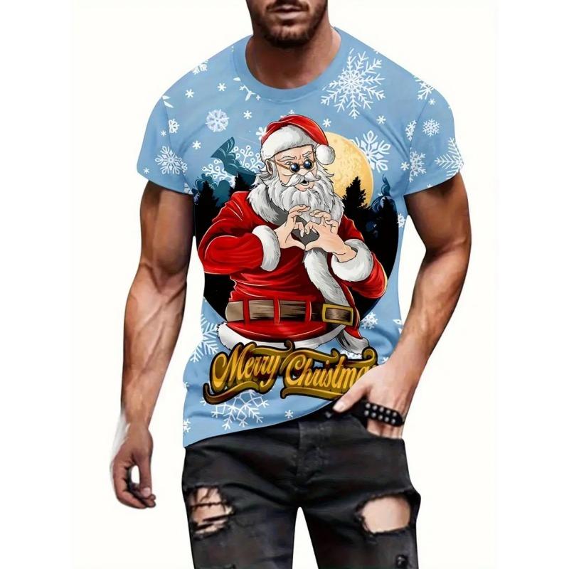 Funny Men's T-Shirts Santa Claus Christmas Oversized Short Sleeve with Snowflakes Print Red Casual O-Neck Outfit Men Clothing