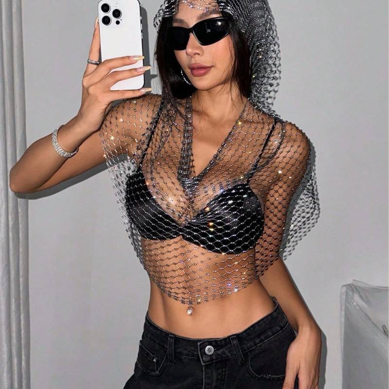 Top Sexy in Rete con Decorazioni di Strass per Nightclub e Festival