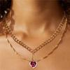 Gold Plated Double Layer Necklace with Red Crystal Heart & Sword Pendant for Women