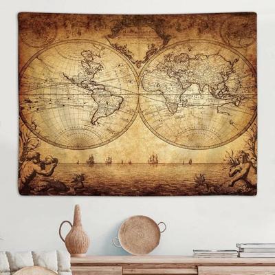 Vintage Weltkarte Wandteppich, Antiker doppelhemisphärischer nautischer Druck, Retro Wandbehang für Wohnzimmer & Arbeitszimmer