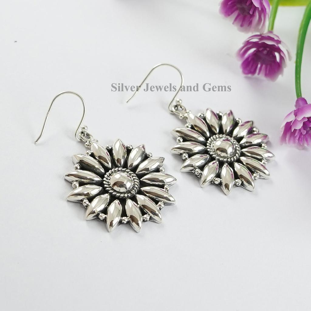 925 Sterling Silver Flower Earrings: Handmade Western Dangle Earrings