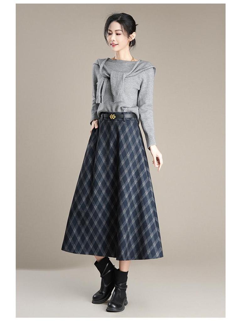 Women's High-Waist Woolen Plaid A-Line Skirt - Autumn/Winter 2025 Collection