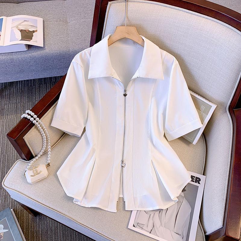 Plus Size Double Zipper Square Collar Structured Shoulder Short Sleeve Top Elegant Waist Slimming Shirt For Curvy Women Summer