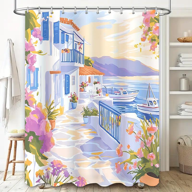 Mediterranean Beachfront Bathroom Curtain Blue Shutters Boats Colorful Floral Border Coastal Decor Waterproof Durable W60H190(CM)-1 Pcs