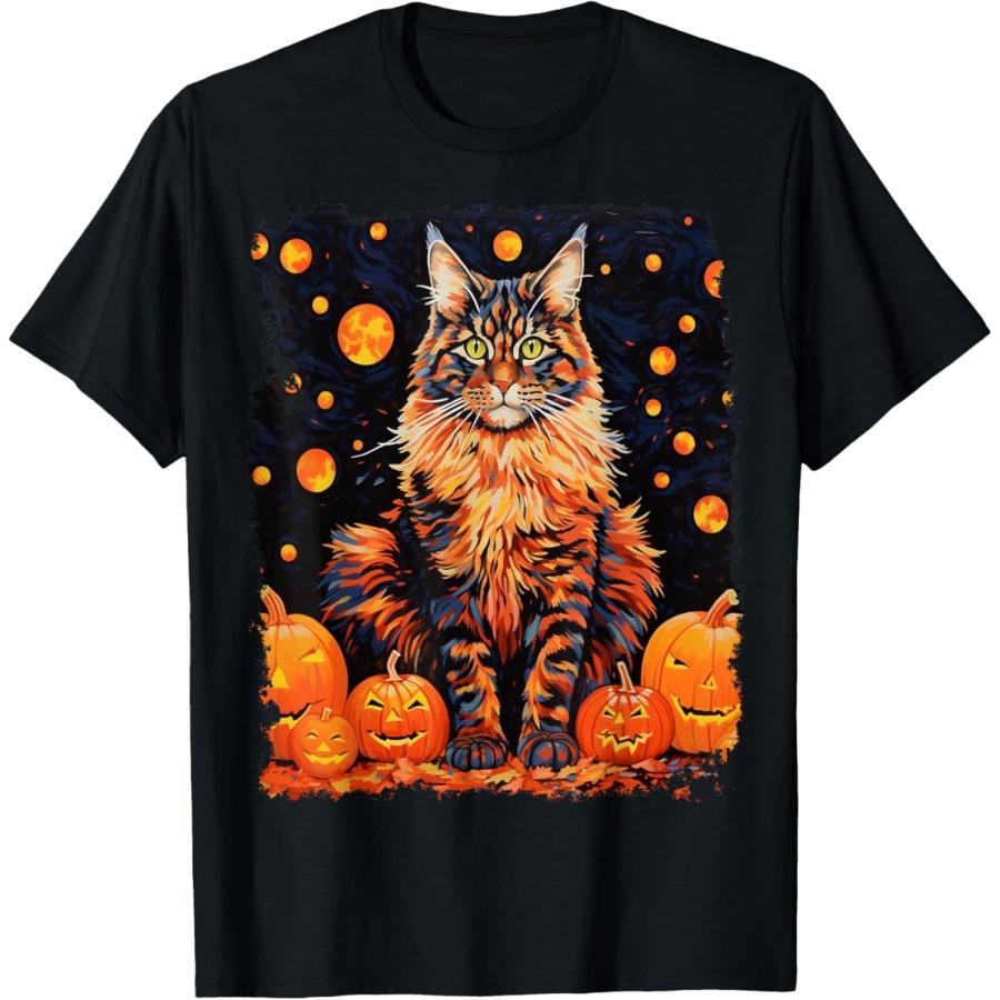 Pop Art Maine Coon Cat Pumpkin Halloween T-Shirt for Men Women Kids S