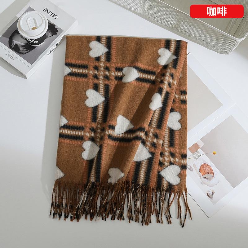 Double Side Heart-Shaped Checkered Scarf Female Winter Korean Fashion Versatile Shawl Thickened Outer Scarf Warm Neck Protection