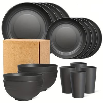 Set da tavola da 16 pezzi in paglia di grano Riutilizzabile Piatti ciotole tazze in plastica Lavabile in microonde Stoviglie per casa cucina Regalo per le vacanze Stoviglie moderne nere
