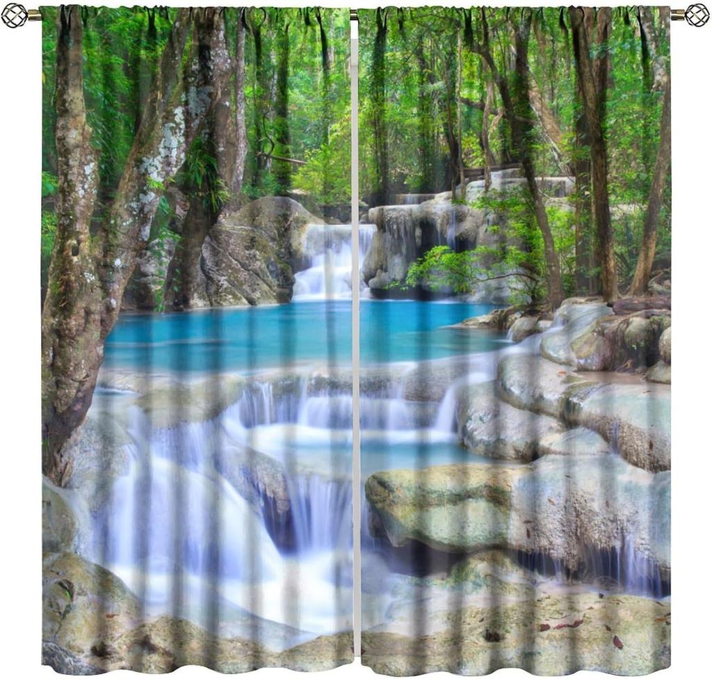 Blackout Red Forest Waterfall Windows Curtains Tree Landscape Woodland Scenic Nature Fall Scenery Art Printed Curtain Made Of Polyester Washable
