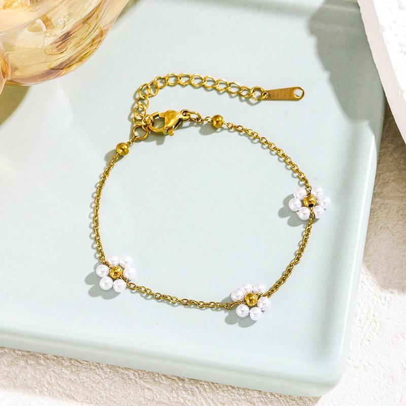 Handmade Boho Flower Beaded Bracelet Set with Stainless Steel Chain