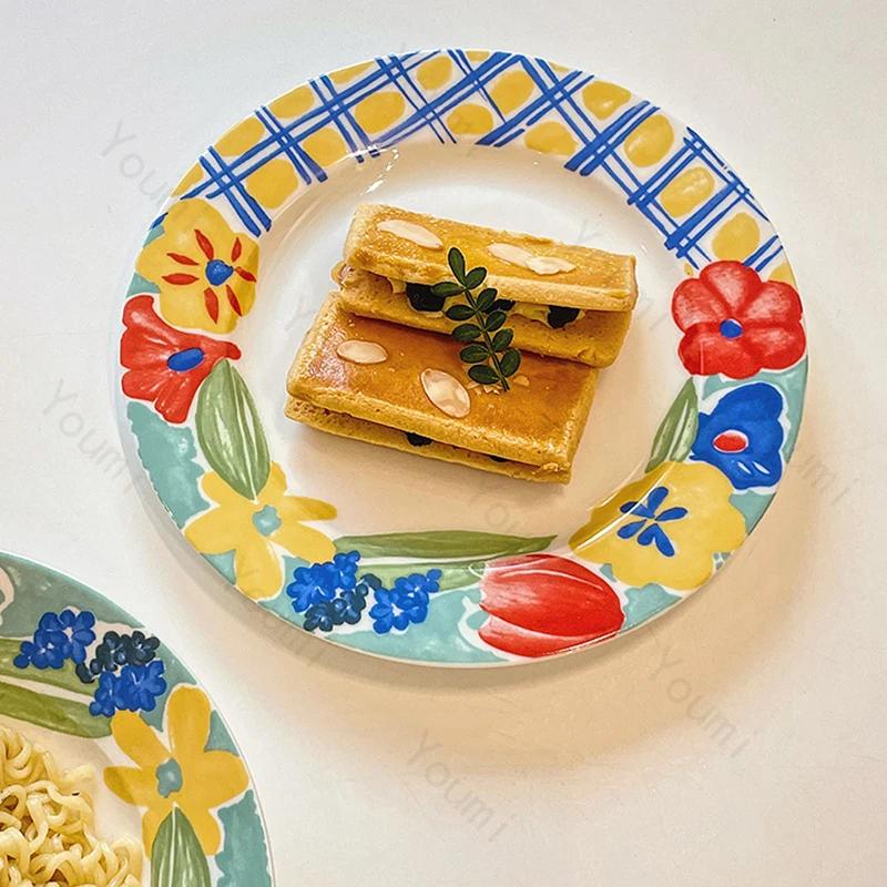 Retro oljemaleri-stil keramisk tallerken Kreativ håndmalt blomst Middagstallerkener Ettermiddagste Frukt Dessert Snacks Servise