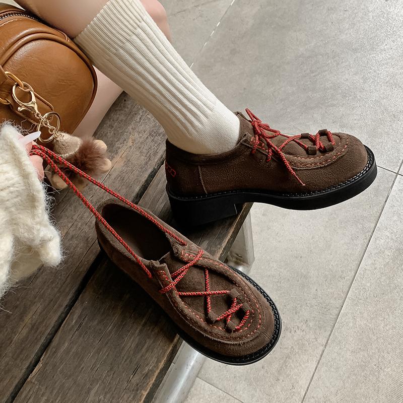 Fashion 2025 New Women Cow Suede Leather Sneakers Training Sport Shoes Contrast Casual Round Toe Cross-tied Low-heel Shoes Sneakers