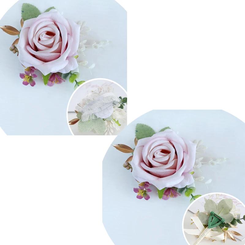 6pcs White Pink Corsage and Boutonniere Set Artificial Rose Wristlet Suit Flower for Men Wedding Party Prom Decoration